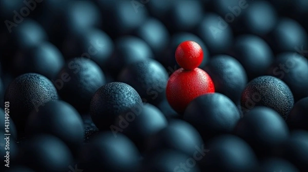 Obraz Red sphere stacked on another amid dark textured balls, symbolizing standing out in a crowd