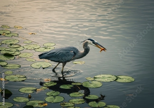 Fototapeta Wading Heron Secures Goldfish Among Lily Pads