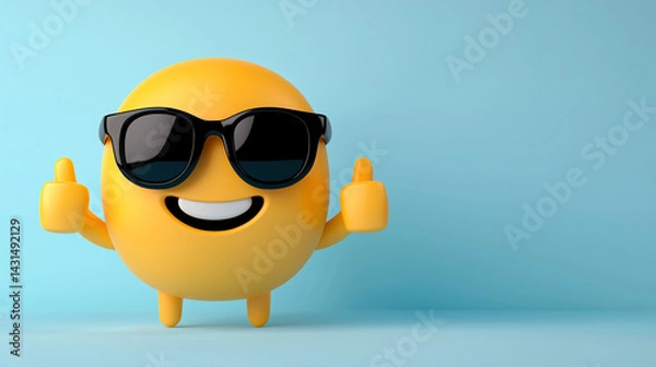 Fototapeta Cool Emoji with Sunglasses Giving Thumbs Up on Blue Background 3D Render Stock Visual