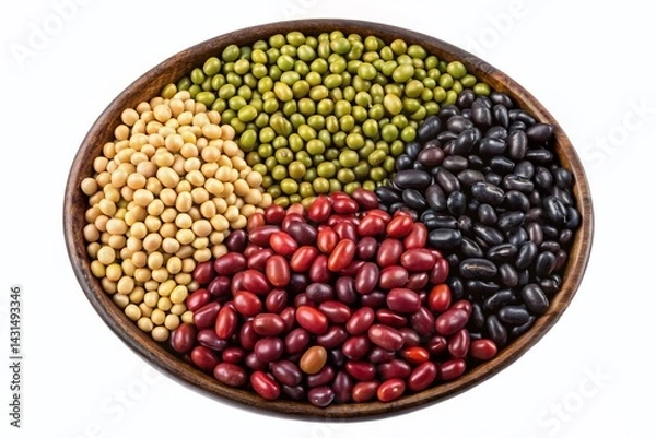 Fototapeta Colorful Legumes: Soybean, Mung Bean, Black Soybean, Red Bean, Pea Mix in Bowl - Top View