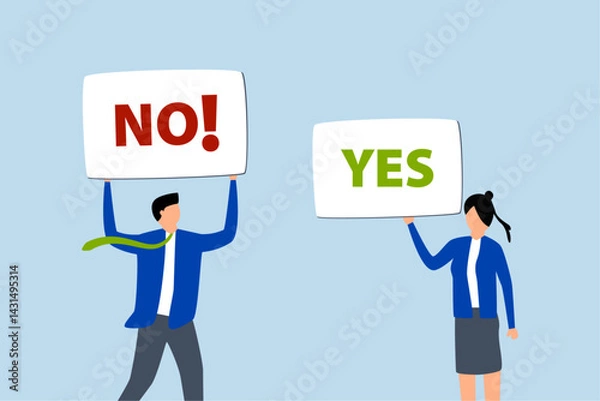 Fototapeta Yes, No argument or disagreement, businessman and woman arguing or fight with yes and no sign.