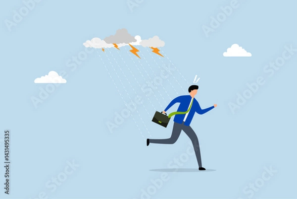 Fototapeta Runaway from crisis, businessman run away from thunder storm raining.
