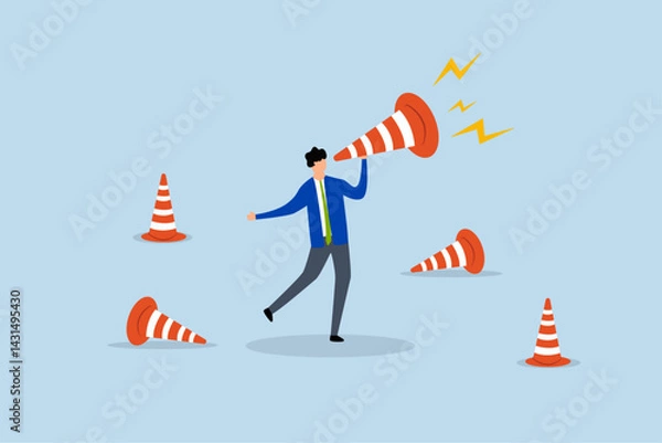 Fototapeta Communicate urgent message, businessman shouting loud voice message on big safety pylon.