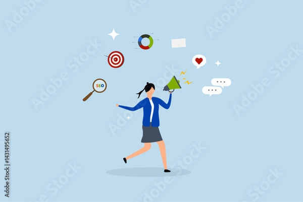 Fototapeta Marketing strategy, woman speak on megaphone with marketing elements.