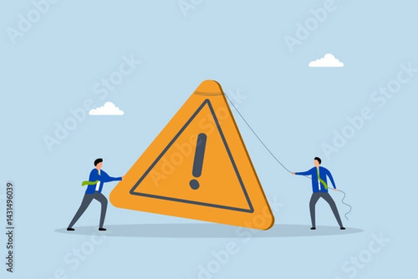 Fototapeta Attention message, businessman pushing exclamation triangle attention sign.