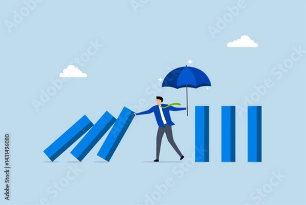 Fototapeta Control risk in investment crisis, businessman stop domino collapsing despair.