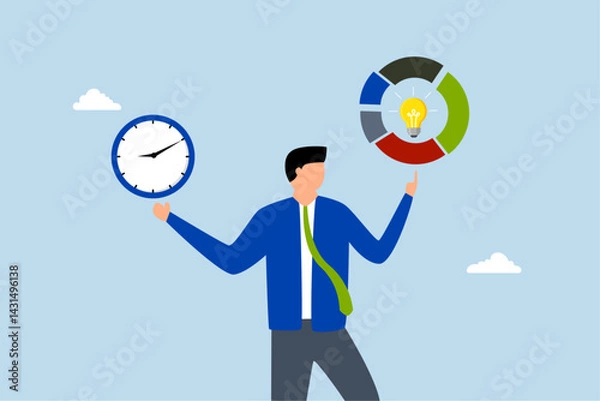 Fototapeta Time management, businessman holding time clock with pie chart routine.
