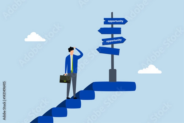 Fototapeta Opportunity, businessman climb up stair to see opportunity sign.