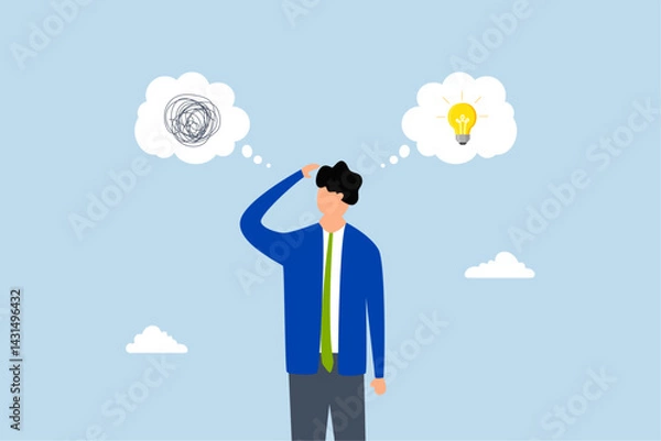 Fototapeta Problem solving, businessman thinking with mess problem and lightbulb idea.