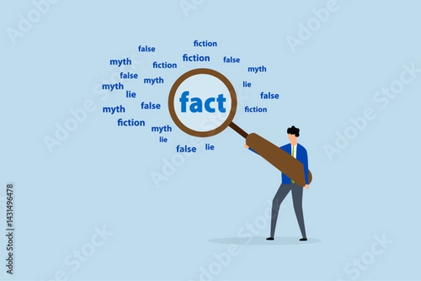 Fototapeta Fact checking, businessman with magnifying glass analyze fact from false info.