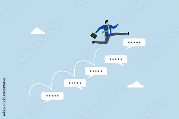 Fototapeta Advice, businessman walk up speech bubble as stair to reach success.