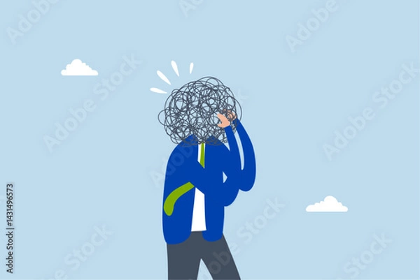 Fototapeta Overthinking, businessman overthinking mess head.