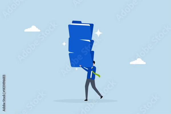 Fototapeta Archive document file storage folder, businessman carry big file folder to be archived.