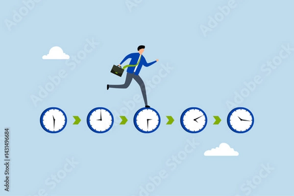 Fototapeta Deadline urgency, businessman hurry running on time counting down deadline.