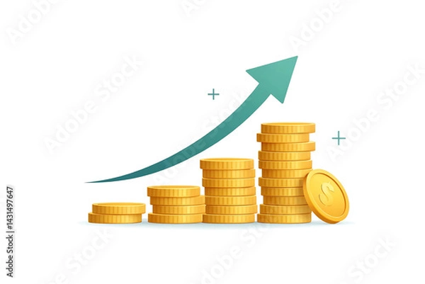 Fototapeta Growing stacks of gold coins illustrate financial success wealth accumulation and investment growth with an upward teal arrow on a white background