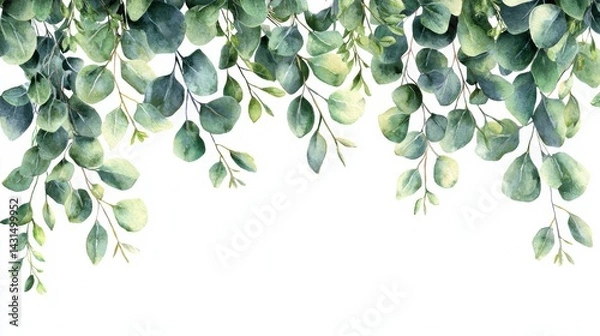 Fototapeta Watercolor eucalyptus branches with lush green leaves elegantly cascade across a pristine white background, evoking a sense of natural serenity and botanical beauty.