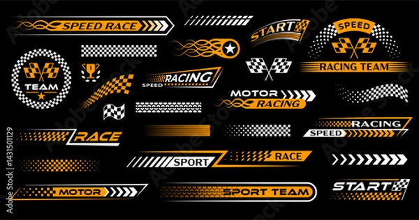 Fototapeta Race sport car stripe stickers, checker decals. Motocross competition retro patterns, motorsport championship. Rally racing decals set with victory checkered flag