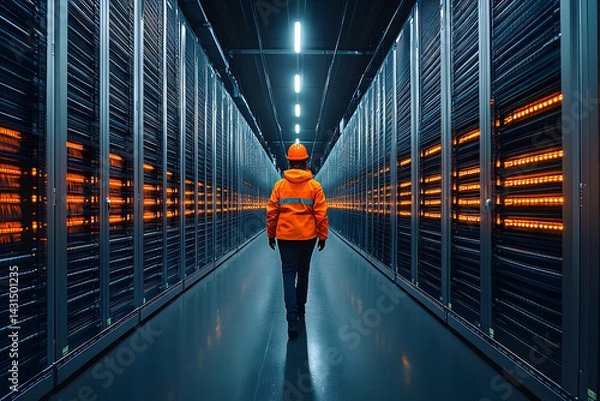 Fototapeta Worker in safety gear walks through a high-tech data center with glowing servers