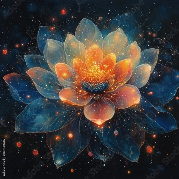Fototapeta Stylized lotus flower in blue and orange with sparkling accents on dark background.