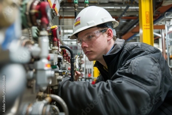 Fototapeta A factory worker in a hard hat and safety glasses, inspecting machinery on a production line in an industrial setting
