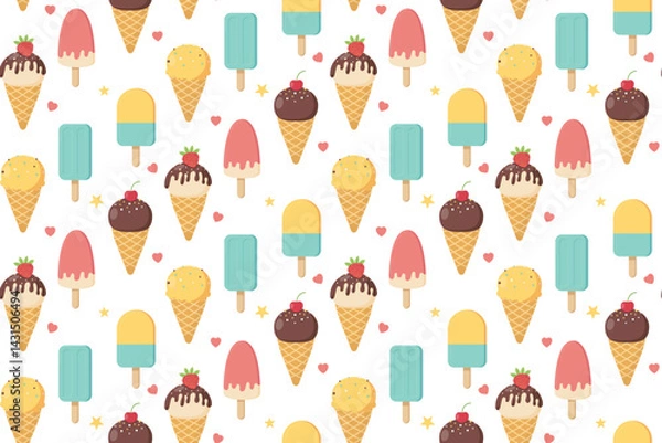 Fototapeta Summer seamless pattern with ice cream cone and popsicle. Design for fabric, packaging, clothes. Vector illustration