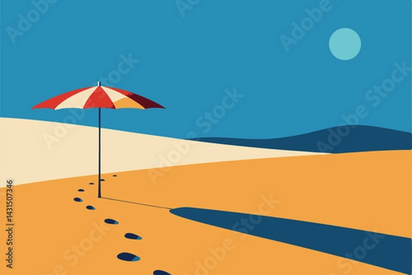 Fototapeta minimal-beach-scene-with-parasol-and-footprints--.eps