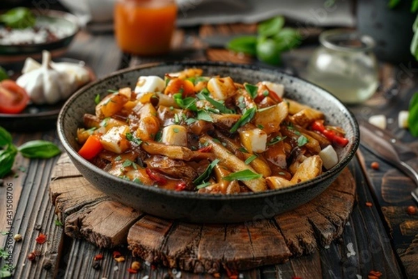 Fototapeta Classic Canadian poutine dish with crispy fries cheese curds and rich gravy studio shot on rustic wood