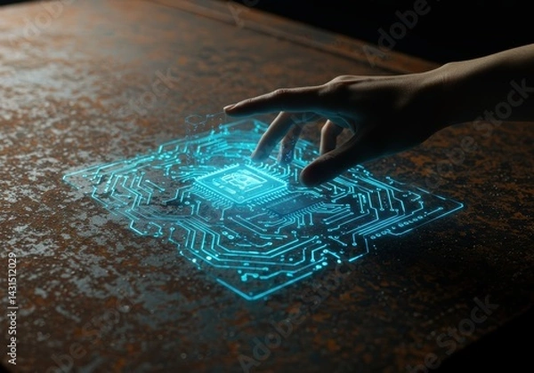 Fototapeta Hand Interacting with Blue Circuit Hologram on Rusty Surface