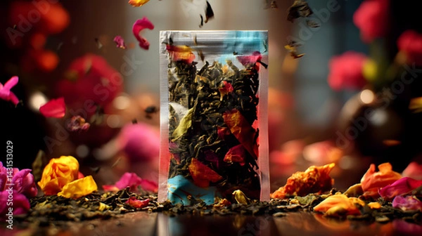Fototapeta Floral Tea Blend in Pouch: A vibrant mix of green tea leaves and colorful flower petals spills from a transparent pouch, creating a visually stunning image evocative of exquisite flavor and aroma.