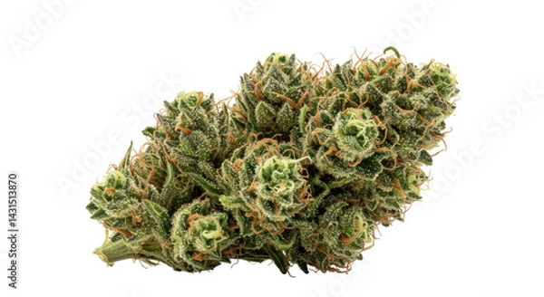 Obraz Dense, frosty green flower bud with orange pistils, isolated against a stark black background