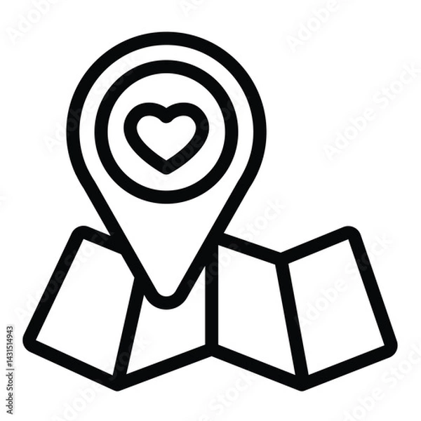 Fototapeta Map and location pin with heart line icon, charity concept. Vector graphics. Donation point on paper, map sign on white background, style for mobile or design.
