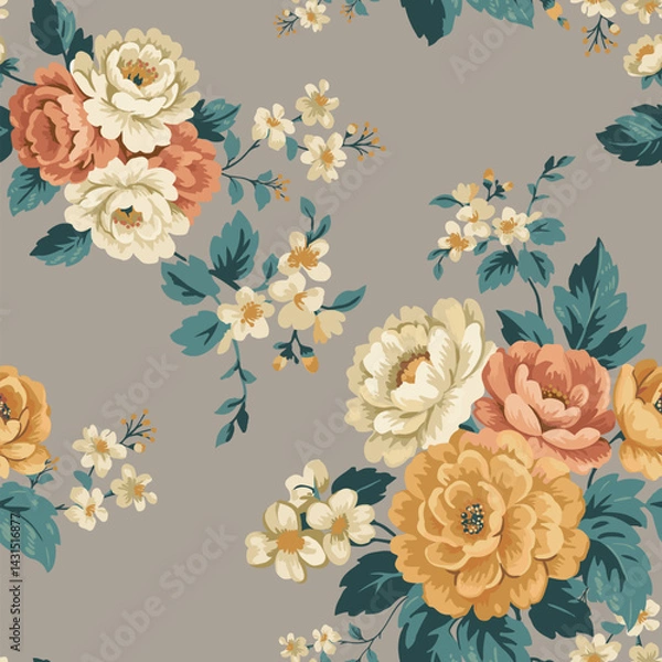 Fototapeta Chintz print of peonies and bush roses on a grey background. 