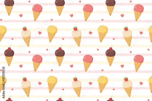 Obraz Cute seamless pattern with ice cream cone and hearts on striped background. Summer design for childrens clothes, textiles, fabric, packaging. Vector illustration
