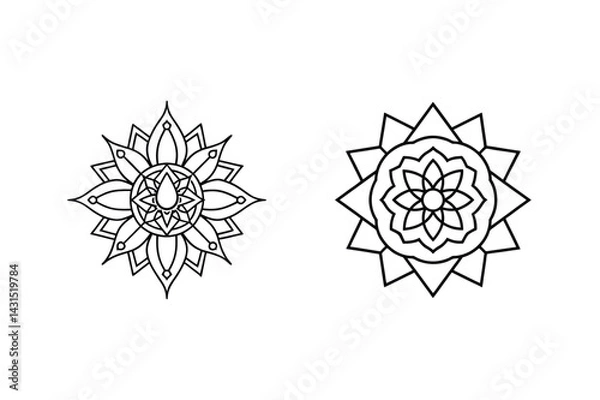 Fototapeta Two Decorative Mandala Designs With Intricate Line Art On White Background