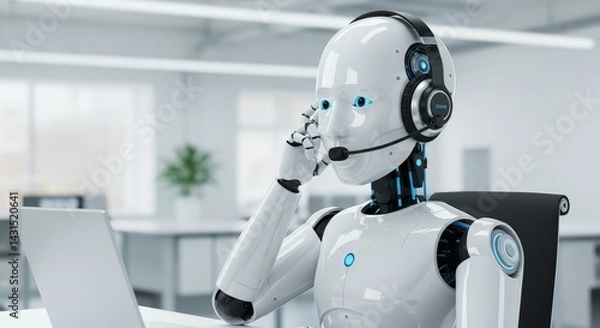 Obraz AI Customer Service Robot at Work - Futuristic robot providing customer support, symbolizes technological advancement, automation, efficiency, and innovation in customer service.