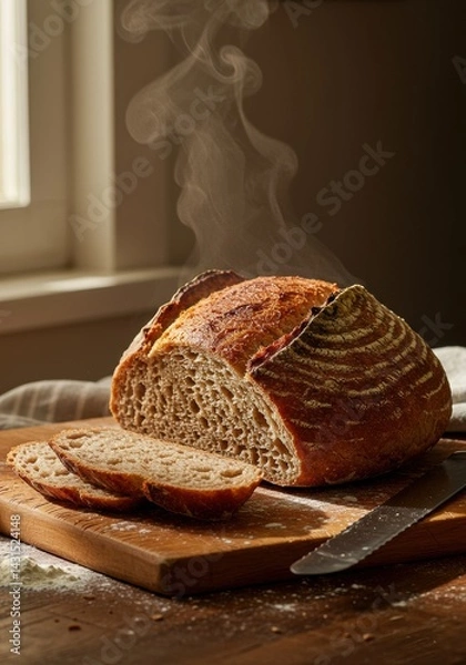 Fototapeta Steaming Sourdough Loaf Sliced by Window Light