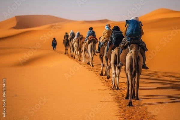 Fototapeta Berber Man Leading Camel Caravan Across Sand Dunes