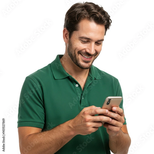 Fototapeta Smiling man using cellphone on transparent background