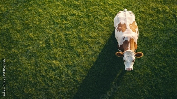 Fototapeta Aerial view of a cow resting in a green pasture.