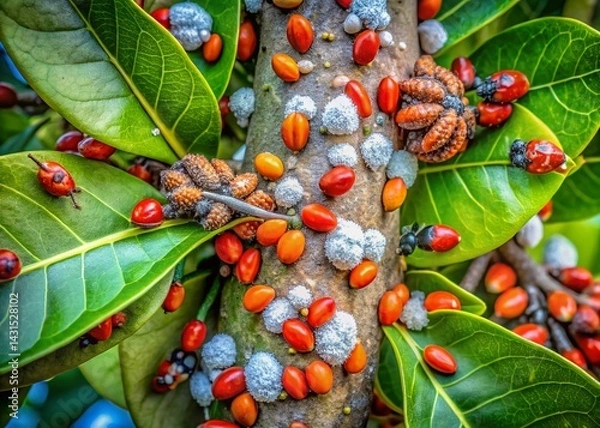 Fototapeta Aerial View of Magnolia Tree Infested with Scale Insects - Dangerous Garden Pests