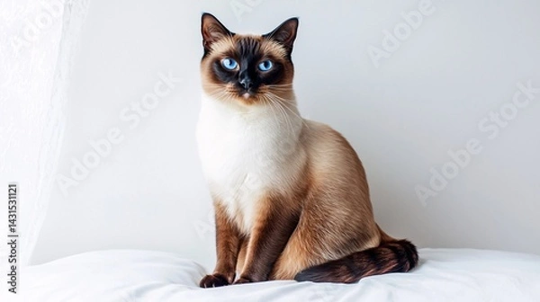 Fototapeta regal Siamese cat sitting upright on a white background, its piercing blue eyes staring intently. The fur is smooth and well-groomed, with sharp contrast between the light body and dark extremities. 