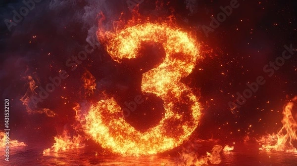 Fototapeta Fiery number three, inferno background, burning