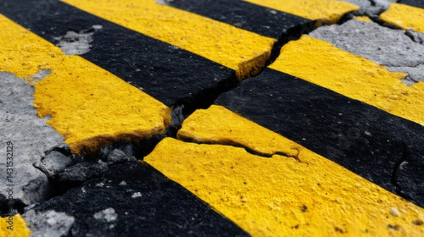 Fototapeta Cracked yellow and black hazard stripes on rough concrete surface, symbolizing danger or decay