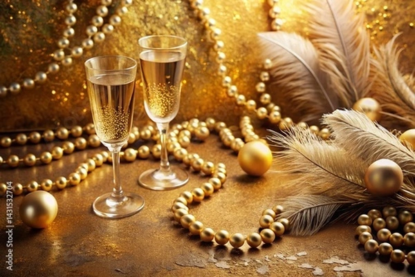 Fototapeta Art Deco Gold New Year Party Flat Lay: 1920s Retro Luxury Background
