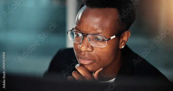 Obraz Night, black man and employee with computer, thinking and ideas for reading and online solution. Person, evening and consultant with technology, problem solving or planning with internet or project
