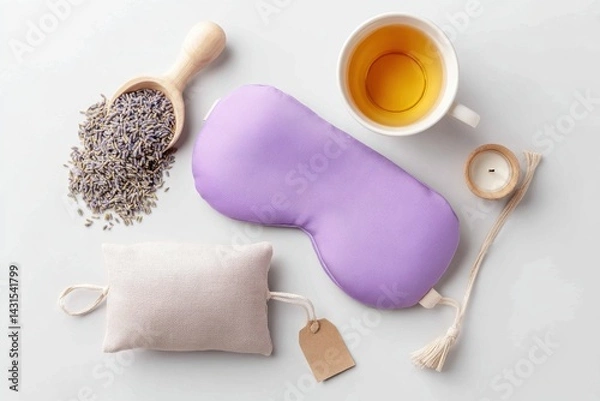 Fototapeta A calming flat lay featuring a lavender eye mask, herbal tea, dried lavender, and a scented candle, promoting relaxation and wellness.