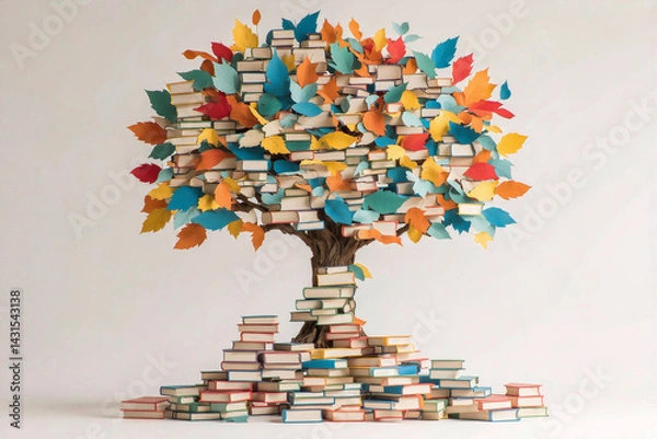 Obraz Whimsical Book Tree with Colorful Paper Leaves, Imaginative Library Art, Surreal Book Sculpture, Fantasy Literature Concept, Creative Stacked Books Design