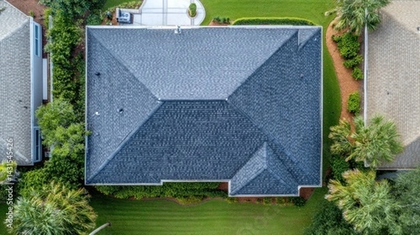 Fototapeta Aerial view of a house with a dark gray asphalt shingle roof, surrounded by lush green lawns and landscaping.