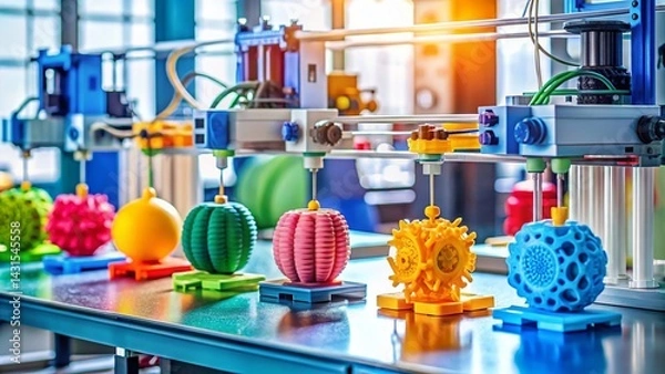 Obraz Diverse 3D Printers Creating Polymer Objects: SLA & Photopolymer Printing Technology