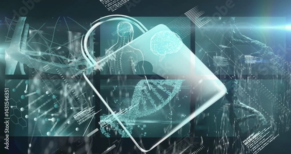 Fototapeta Image of padlock icon over data processing on black background